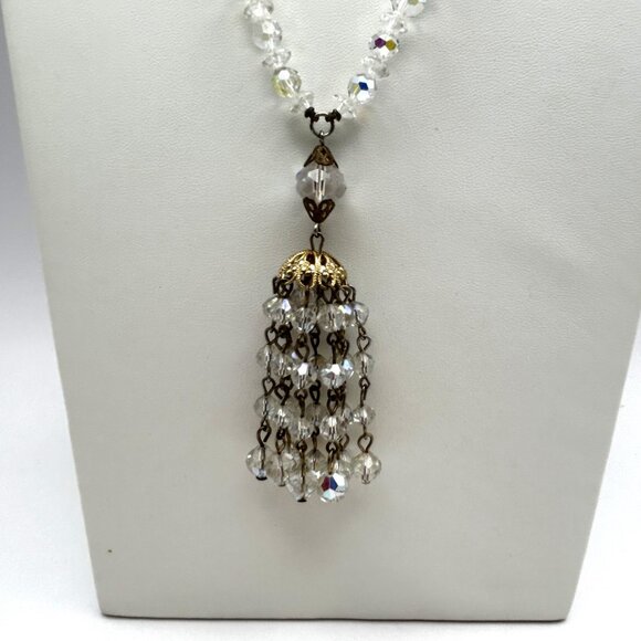Vintage Aurora Borealis Crystal Tassel Necklace 26” Filigree Midcentury Cocktail - Picture 14 of 16